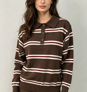 <strong>Ladies</strong> Lapel Button Striped Knit Pullover Women <strong>Polo</strong> <strong>Neck</strong> Long Sleeve <strong>Jumper</strong> - Product Image 6