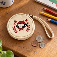 Dompet Kecil dari Kain Katun Alami dengan Cetakan Sablon, Bentuk Lingkaran dengan Ritsleting dan Tali Pergelangan Tangan untuk Souvenir Pesta Anak
