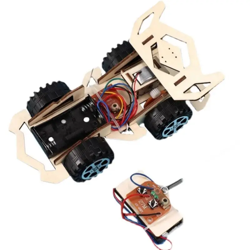 DIY 수제 원격 제어 레이싱 카 어린이 나무 조립 무선 4WD 파워 카 기술 혁신 작은 발명