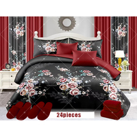 Ensemble de Literie de Mariage de Luxe 3D 24 Pièces en Gros, Dessus de Lit avec Garnissage en Coton, Couette Rouge et Jeu de Draps avec Rideaux