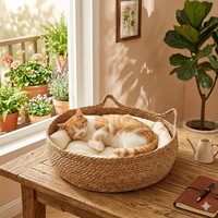 Lit pour chat en paille tressée à la main, panier respirant en rotin pour animaux de compagnie, nid de sommeil frais d'été avec coussin doux amovible