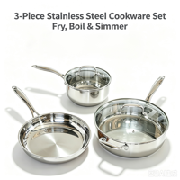 Ensemble de casseroles en acier inoxydable écologique moderne, casserole, poêle, poêlon, couvercle en verre - Sans revêtement, compatible lave-vaisselle, compatible induction