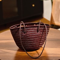 Sac seau rétro français en cuir véritable tressé à la main, doublure en coton, printemps, tendance Instagram