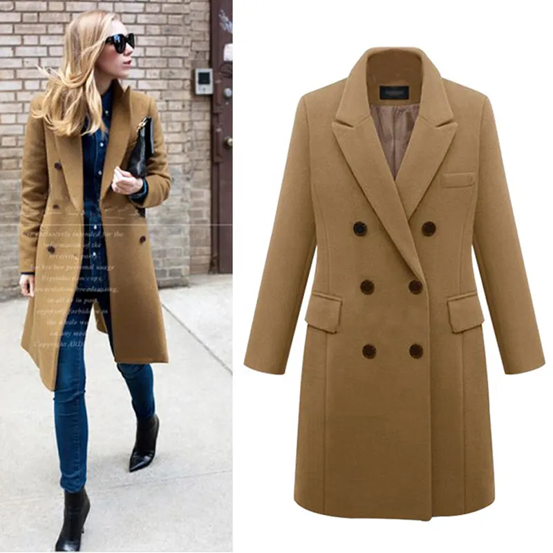 Women Trench Coats Elegant Ladies Notched Lapel Double Breasted Overcoat Classic Winter Pea Coats