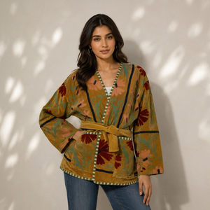 Pink Suzani Embroidered Knitted Velvet Quilted Reversible Bomber <b>Jacket</b> Vintage <b>Hippie</b> Style Autumn Winter Breathable Nylon Wool - Product Image 1