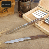 Vente en gros de couteaux à steak en acier inoxydable, lot de six, lames Laguiole avec manches en bois, boîte en bois