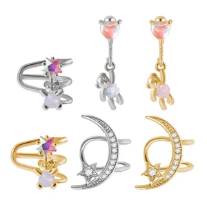 Stainless Steel Left Ear Round Diamond Bear Moon Star Clips Helix Cartilage Fake Piercing No Pierced Earrings Jewelry