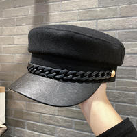 Gorra Plana de Moda para Mujer, con Visera de Cuero PU, Remaches y Cadena, Estiliza el Rostro, Versátil, Uniforme