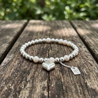 Bracelet élastique perlé en argent plaqué avec breloque cœur style Bohème et perle ronde d'eau douce