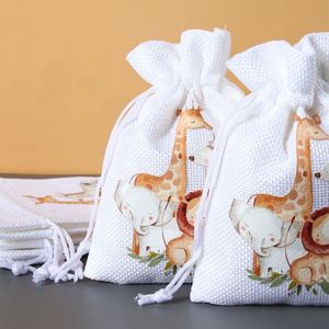 Jungle Safari blanc sacs en toile de jute sac à cordon pochette bonbons cadeau lin poches pour cadeau de fête <span class=keywords><strong>Goodies</strong></span> sac fourre-tout <span class=keywords><strong>anniversaire</strong></span> décor - Product Image 6