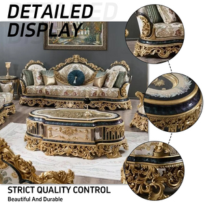 Set di Divani in Stile Europeo Antico con Design in Legno Intagliato, Arredamento per Soggiorno in Tessuto - Product Image 2
