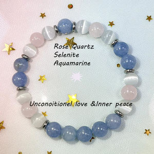 Pulsera de piedra natural con cuentas redondas hechas a mano de Aguamarina, cuarzo rosa y selenita de 8mm para pulsera de paz interior, amor y Coura - Product Image 1