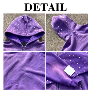 Sweat à capuche zippé en coton French Terry 500g épais avec logo personnalisé, manches ornées de strass, effet délavé vintage, style streetwear - Product Image 6