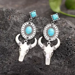 New Arrival Vintage Western Cowgirls Earrings Jewelry Women Cow Head Cactus Turquoise Beads Earrings