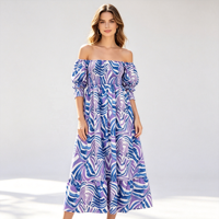 Robe longue d'été 2026 pour femme, épaules dénudées, imprimé abstrait, style bohème, avec manches bouffantes et taille élastique