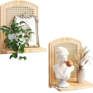Wooden <b>Wall</b> Mounted Shelf Rattan Woven Kitchen Storage Rack Rectangle Single Layer For Bedroom And Living Room <b>Display</b> - Product Image 5
