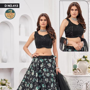 Conjunto de Lehenga Choli con Estampado Floral Negro para Mujer, con Dupatta, Diseño de Diseñador, para Fiestas, Bodas, Lehenga Tradicional - Product Image 1