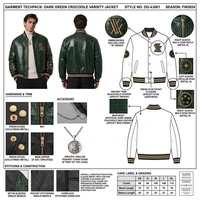 Veste universitaire en cuir pour homme, OEM, vert brillant, col côtelé, broderie chenille, personnalisée, en peau de mouton gaufrée façon croco