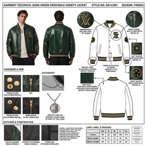 Giacca Varsity in Pelle Verde Lucida con Colletto a Costine e Ricamo in Ciniglia, Personalizzabile con Effetto Coccodrillo in Pelle <span class=keywords><strong>di</strong></span> Pecora, Produzione OEM - Product Image 3
