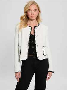 Custom Women <strong>White</strong> <strong>Boucle</strong> Cropped <strong>Jacket</strong> Contrast Black Trim Button Front Elegant Fashion Wholesale - Product Image 5