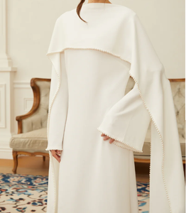 화이트 펄 트림 숄 디테일 맥시 드레스 우아한 진주 장식 케이프 슬리브 이브닝 드레스 2026 EID 아바야 여성 무슬림 드레스 - Product Image 6