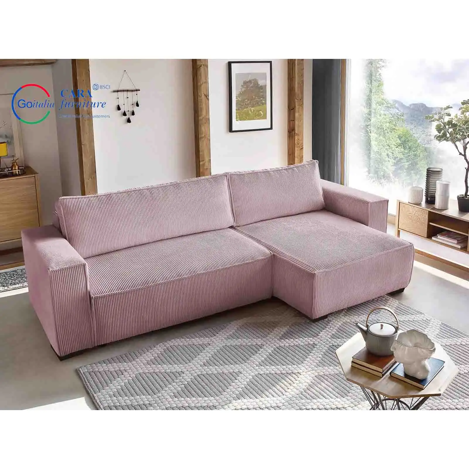 Venda quente Mobiliário de sala de estar Sofá-cama de canto moderno confortável com esponja elástica alta rosa