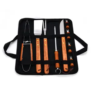 Wooden Handle BBQ Grill Tool Set High Quality Stainless Steel Barbecue Tools BBQ Tool Set In Bag