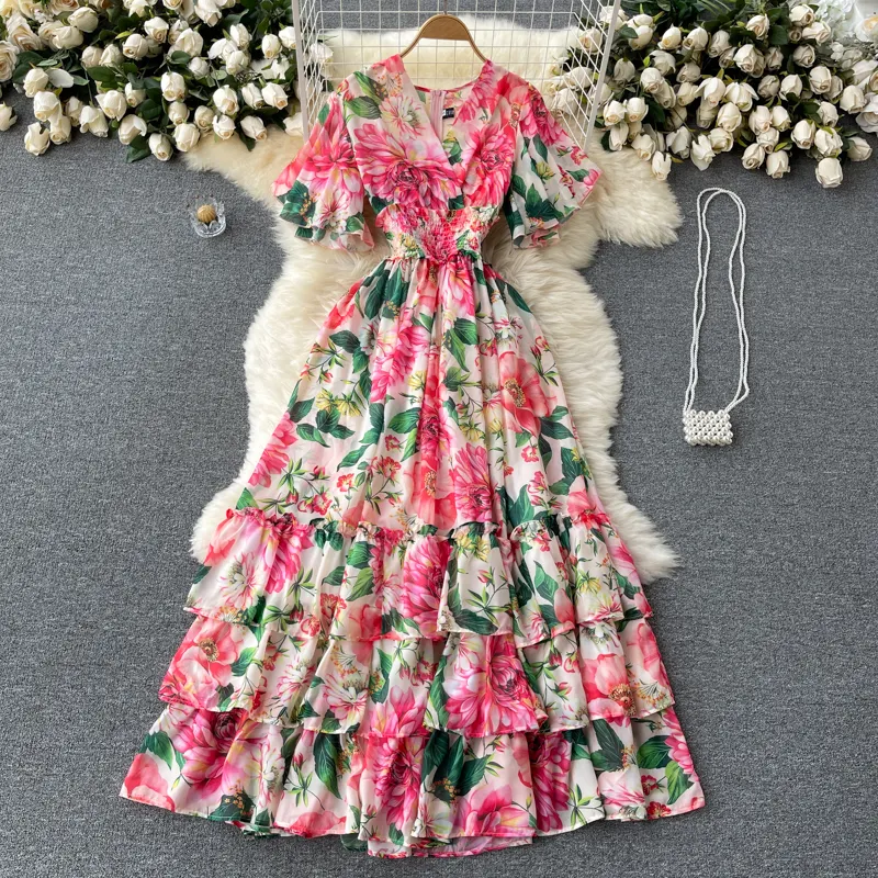 Summer Elegant V Neck Elasic High Waist Allover Floral Chiffon Layered Dress Women Casual Holiday Sandbeach Maxi Dresses Robe