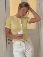 Cárdigan de punto amarillo de moda con volantes y botones, ideal para el verano, salidas urbanas, compras diarias, el más vendido, de manga corta, antiarrugas.