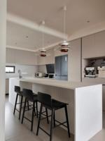 Meubles de cuisine modernes sur mesure, portes plates mates modulaires, îlot de cuisine avec robinet, tiroir coulissant et charnière