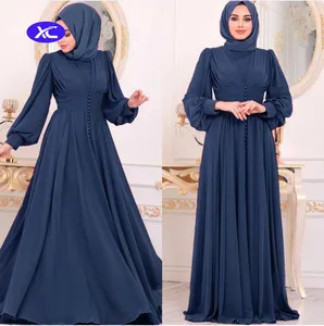 High Quality New Muslim Casual Clothing Dress Islamic Long Sleeve Chiffon Maxi Dress Abaya Beaded Waist Kaftan Turkey Abaya Robe