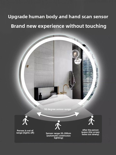 Round High-end Smart Glass Bathroom Mirror LED Lighting Touch Screen Anti-fog Wall-mounted Design 5.0mm Thick for Household Use