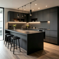 Meuble de cuisine en bois massif CBMmart, finition noyer, aménagement ouvert avec table à manger, îlot de cuisine laqué blanc avec évier