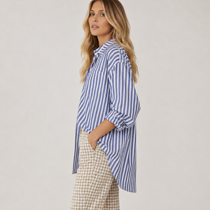 Chemisier décontracté vintage pour femme, coupe ample, rayé, col en V boutonné, manches longues, fabrication OEM ODM Vietnam, étiquette personnalisée - Product Image 2