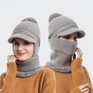 새로운 턱받이 통합 모자 겨울 모자와 스카프 따뜻한 사이클링 모직 원사 모자 야외 귀 보호 니트 비니 제조 업체