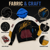 Sweat à capuche zippé streetwear personnalisé bleu, motif color block, effet éclaboussures de peinture graffiti, coupe ample et oversize, fournisseur en gros pour marques