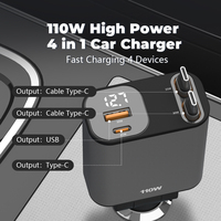 Chargeur de voiture rétractable, SUPERONE 110W Chargeur de téléphone de voiture avec câbles Charge rapide, Adaptateur de chargeur de voiture USB C pour iPhone Galaxy