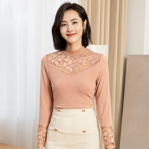 Autunno inverno Sexy Hollow Lace T shirt tinta unita a <span class=keywords><strong>maniche</strong></span> <span class=keywords><strong>lunghe</strong></span> Bottoming Shirt moda dolcevita donna top - Product Image 1