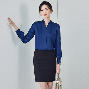 Women's Satin V-Neck Blouse Solid Color Short Sleeve Long Sleeve Work Shirt For Office Professional Wear - Product Image 3