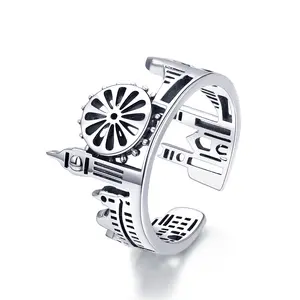 London Sky City Castle Ring 925 gioielli in argento Sterling grosso anello aperto per le donne