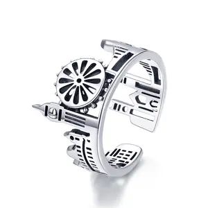 London Sky City Castle Bague en argent sterling 925 Bague ouverte épaisse pour femme