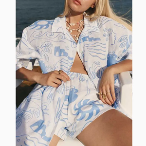 Abbigliamento da <span class=keywords><strong>donna</strong></span> estivo con stampa floreale <span class=keywords><strong>camicia</strong></span> a maniche corte e pantaloncini di <span class=keywords><strong>lino</strong></span> da salotto Set di pantaloncini da notte pigiama - Product Image 1