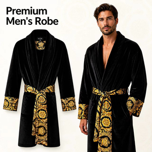 Accappatoio in Velluto Stile Europeo Traspirante Stampato Nero e Oro a Maniche Lunghe per Uomo - Product Image 1