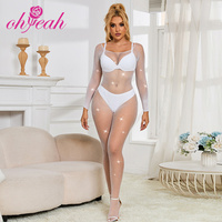 Lingerie exquise en nylon noir et blanc extensible avec strass transparents, sans entrejambe, sexy, pour femmes, body en résille