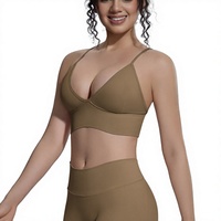 Soutien-gorge de sport pour femme à maintien élevé, sans couture, en tricot Spandex/Nylon, couleur unie, bretelles croisées, logo frontal, décolleté en V, coussinets amovibles