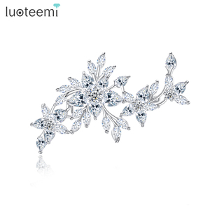 LUOTEEMI Broches de Lujo con Circonita Cúbica en Forma de Flor, Chapados en Oro Blanco y Rodio, para Vestidos de Novia - Product Image 1