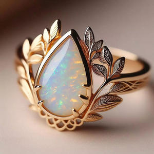Anello A005 con Opale, Oro Massiccio 18K Placcato Oro Rosa, Gemma Taglio a Pera, Design a Pianta, Gioiello Raffinato da Donna per Fidanzamento - Product Image 1
