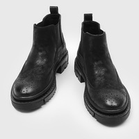 2026 Bottines habillées en cuir massif noir texturé délavé, à bout rond, style à enfiler, pour hommes, pour occasions décontractées et sociales