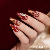 24 Pièces Faux Ongles à Presser en ABS, Forme Cercueil, Style Strass Bourgogne, avec Motif Cercueil, pour Doigts, Luxe Festif