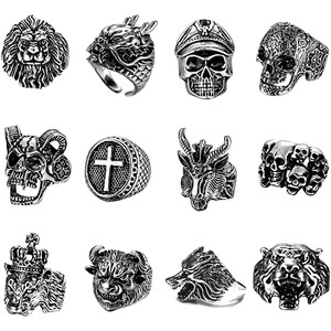 Joias Punk, Anéis Abertos Chunky Vintage em Prata com Cabeça de Leão, Cabeça de Lobo, Cabeça de Tigre, Cabeça de Touro, Cabeça de Caveira, Presentes para Homens - Product Image 1